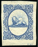 1865 Reister unadopted essay in blue on white, bluish, purple and rose tinted papers