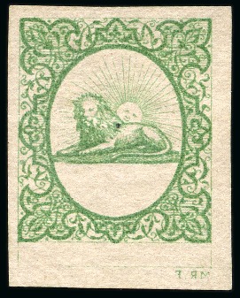 1865 Reister unadopted essay in green on cream, bluish
