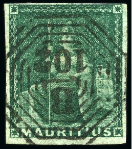 Stamp of Mauritius » Later Issues 1858 (4d) Green imperf. with INDIAN CANCELLATION struck on arrival at Kedgeree with crisp "B/102" octagonal ds