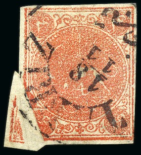 Stamp of Persia » 1868-1879 Nasr ed-Din Shah Lion Issues » 1876 Narrow Spacing (SG 15-19) (Persiphila 13-17) 1876 4sh. dull red, used single showing dramatic PREPRINTING