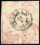 Stamp of Palestine and Holy Land 1878-79 1kr. carmine on white paper with fugitive ink, used complete sheetlet of four, setting I positions 'BD/CA'