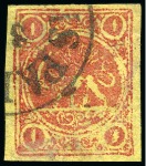 1878-79 1kr. carmine on yellow thin porous paper, selection