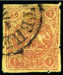 1878-79 1kr. carmine on yellow medium paper, selection