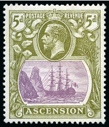 Stamp of Ascension » King George V 1924-33 5d Purple & Olive-Green  mint hr showing variety "cleft rock"