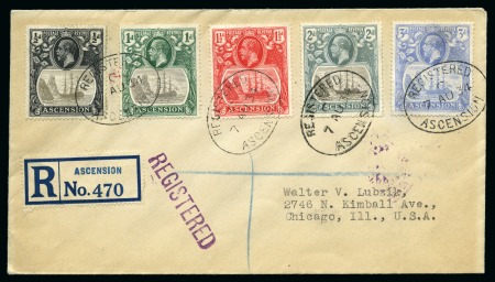 Stamp of Ascension » King George V 1924-33 3d Blue showing variety "torn flag" on 1934 (Aug 7) registered cover