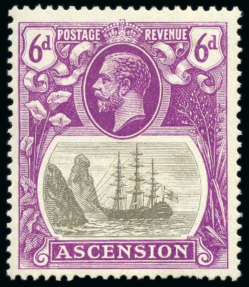 Stamp of Ascension » King George V 1924-33 6d Grey-Black & Bright Purple mint hr showing variety "broken mainmast"