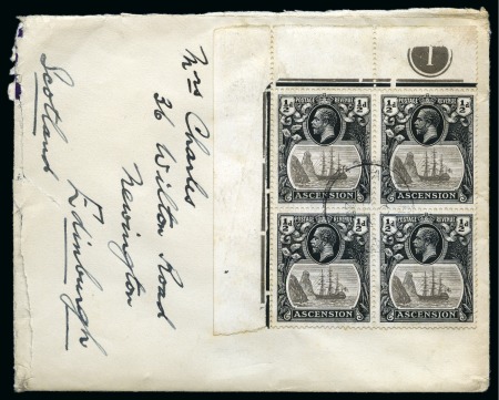 1924-33 1/2d Grey-Black & Black showing variety "broken mainmast" on lower left stamp of corner marginal plate block of four on cover