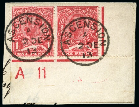 1911-12 GB 1d scarlet (die B) in lower right corner control (A 11) pair tied to piece by crisp and complete Ascension cds