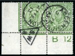 1912 GB 1/2d green in lower left corner control (B 12) pair cancelled by crisp Ascension cds