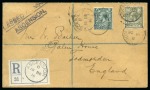 1912-22 GB 4d and 7d tied by Ascension "B" type Z2 cds to envelope sent registered to England