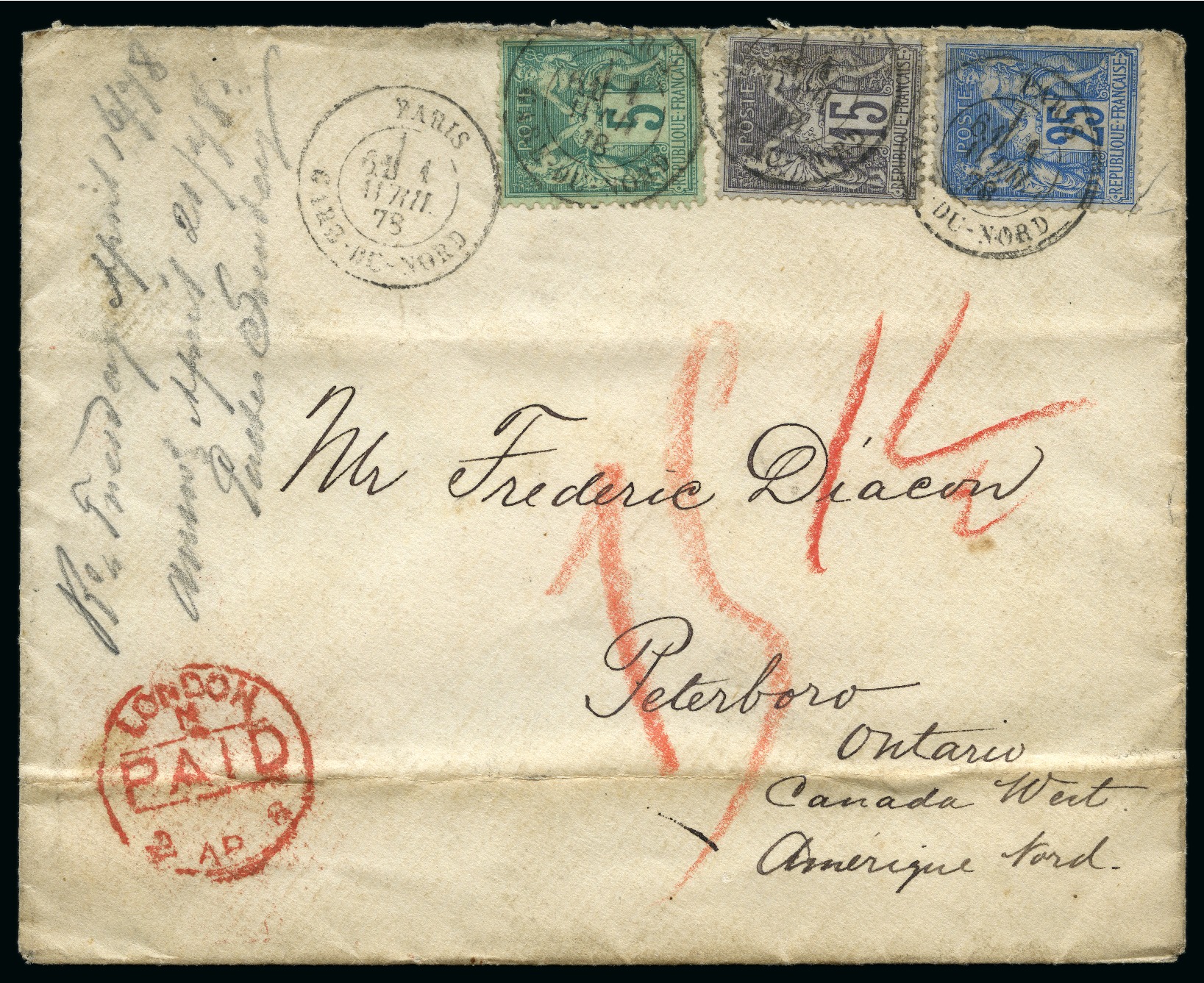 Lot 104 - CANADA, 1878 : lettre avec affranchissement tricolore ...
