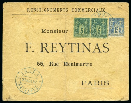 1892, Enveloppe imprimée pour Paris depuis les Baléares