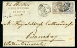 INDE, 1876 : Lettre de Paris à destination de Bombay affranchissement