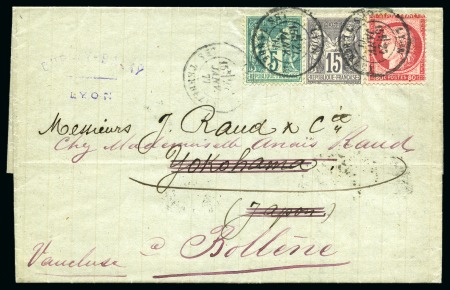 JAPON, 1877 : Lettre de Lyon pour Yokohama redirigée