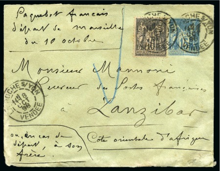 ZANZIBAR, 1898 : Enveloppe entier postal Type Sage 15c bleu (manque