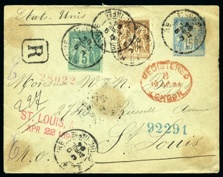 Stamp of France » Type Sage ETATS-UNIS D'AMERIQUE, 1894 : Enveloppe recommandée tricolore entier