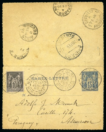 PARAGUAY, 1892 : Carte-lettre Type Sage 15c bleu avec en sus Type Sage