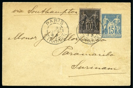 SURINAME, 1893 : Enveloppe entier postal Type Sage 15c