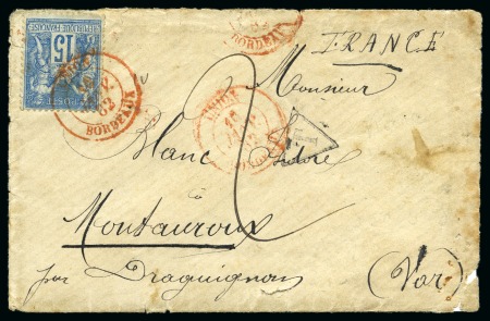 1882, Rare cachet à date rouge "Union / Bordeaux" du 16 janvier