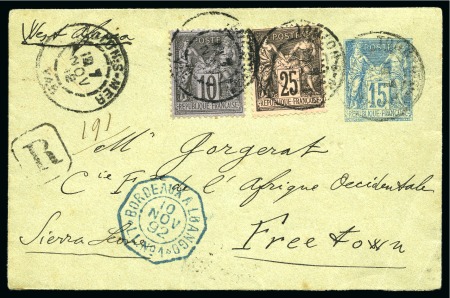 SIERRA LEONE, 1892 : Enveloppe recommandée entier postal Type Sage
