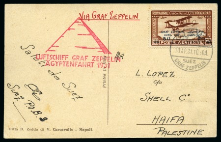 Stamp of Egypt » Airmails EXTREMELY RARE ZEPPELIN FROM SUEZ - 1931 (Apr 10) Postcard sent by Graf Zeppelin from SUEZ to Palestine