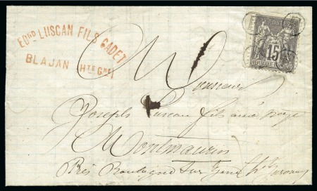 1877, Lettre affranchie avec Type Sage 15c gris, cachet de facteur