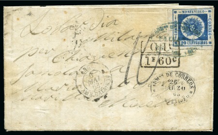 Stamp of Uruguay » General Issues 1860, 120c. blue, subtype 6A featuring sun without rays at base. One of only six transatlantic covers in all the "Sun" Issues, 
