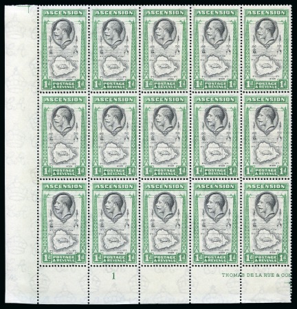 Stamp of Ascension » King George V 1934 1d Black & Emerald showing variety "teardrops flaw" on top right stamp in mint lower left corner marginal block of 15