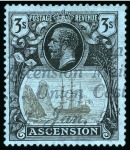 1924-33 2s and 3s both with large part "Posted at Sea / Ascension Mail / S. S. Union Castle / 27 Jan 28" cancel