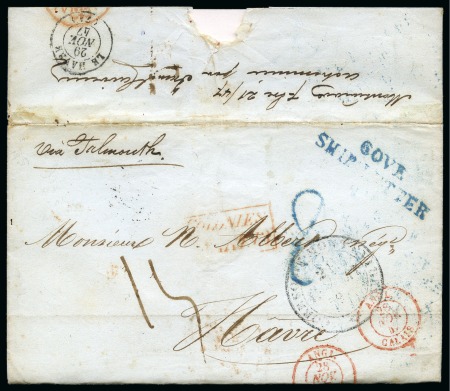 1847 (Sept 21). Folded cover from Buenos Aires to Havre, forwarded via an agent in Montevideo with manuscript notation on reverse 'Montevideo 7bre 21/47 Acheminée par Frenal & Carriera',