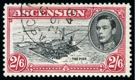 Stamp of Ascension » King George VI 1938-53 2s6d Black & Deep Carmine perf.13 showing variety "cut mast and railings", used