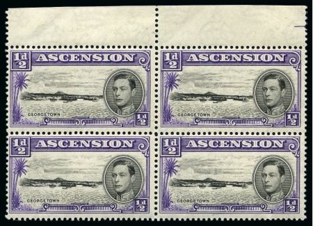 Stamp of Ascension » King George VI 1938-53 1/2d Black & Violet showing variety "Long centre bar to "E" of "Georgetown" (R2/3) in mint nh top marginal block of four