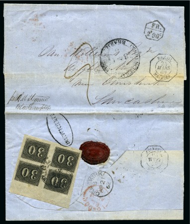 1862 (March 1). Folded cover from Rio Grande do Sul to Ormskirk, England, franked on reverse by largely margined 1850 30r marginal block of four