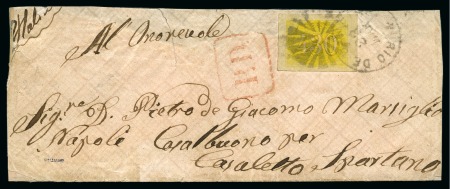 1868 (March 23). Small envelope (part of the upper back flap missing) from Rio de Janeiro to Casaletto Spartano, Italy, franked at double rate with 1861 430r. yellow
