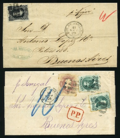 1876-79. Two entire letters from Rio to Buenos Aires, carried by the "Senegal" and the "Niger", one bearing 1866 20r and 100r (2, one creased), the other with 1876-77 200r
