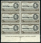 1938-53 1s Black & Sepia perf.13 1/2 mint nh lower marginal block of six with complete De La Rue printer's inscription