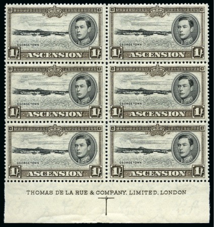 Stamp of Ascension » King George VI 1938-53 1s Black & Sepia perf.13 1/2 mint nh lower marginal block of six with complete De La Rue printer's inscription