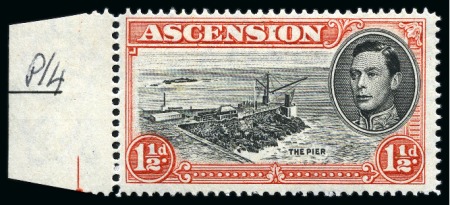 Stamp of Ascension » King George VI 1938-53 1 1/2d Black & Vermilion perf.14 showing variety "Davit flaw" mint nh left marginal single