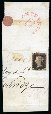 Stamp of Great Britain » 1840 1d Black and 1d Red plates 1a to 11 1840 1d Black pl.1a HA, fine to very large margins, tied by to a large piece by a beautiful and crisp MAGENTA Maltese Cross