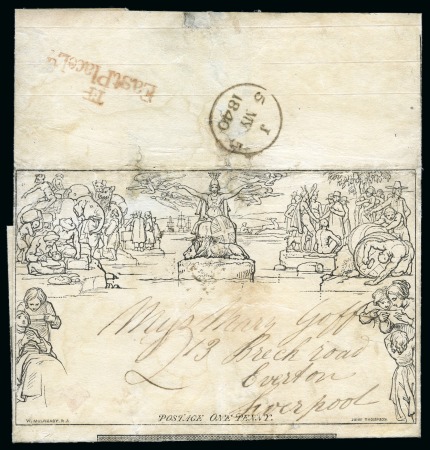 Stamp of Great Britain » 1840 Mulreadys & Caricatures 1840 (May 5) 1d Mulready wrapper, stereo A25, sent from London to Liverpool the day before it was valid for use and hence with Britannia uncancelled