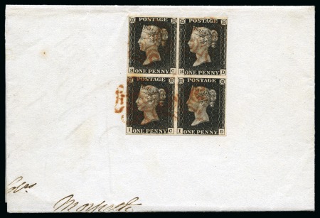 Stamp of Great Britain » 1840 1d Black and 1d Red plates 1a to 11 1840 1d Black pl.3 HC/ID block of four, close to very good margins, tied by to a large piece by red Maltese Crosses