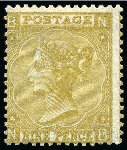 Stamp of Great Britain » 1855-1900 Surface Printed » 1865-67 Large Uncoloured Corner Letters, Wmk Large Garter & Emblems 1865-67 9d Straw pl.4, wmk Emblems, mint o.g.