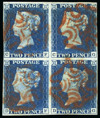 1840 2d Bright Blue pl.1 CF/DG used block of four, with CF showing shifted transfer and DF showing double letter