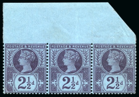 1887-1900 Jubilee issue 2 1/2d purple on blue showing variety IMPERFORATE TOP MARGIN in mint nh strip of three