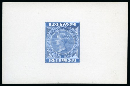 1867-83 5s Die proof with void corners and plate number printed in blue on white matt card