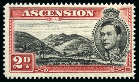 Stamp of Ascension » King George VI 1938-53 2d Black & Scarlet showing variety "mountaineer flaw", mint lh