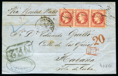 1869, Lettre de Paris à destination de Cuba, affranchissement
