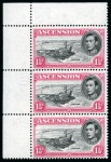 1938-53 1 1/2d Black & Rose-Carmine perf.13 showing variety "cut mast and railings" in mint n.h. top left corner marginal vert. strip of three