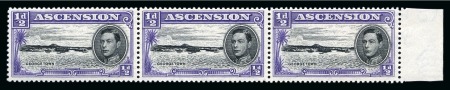 Stamp of Ascension » King George VI 1938-53 1/2d Black & Bluish Violet showing variety "torpedo flaw" in mint nh right marginal strip of three