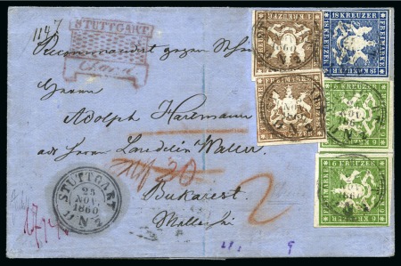 Stamp of Romania » Postal History 1859-60, 1kr brown, two singles, 6kr green, two singles, and 18kr blue, single, three stamps on regsitered mail to Romania